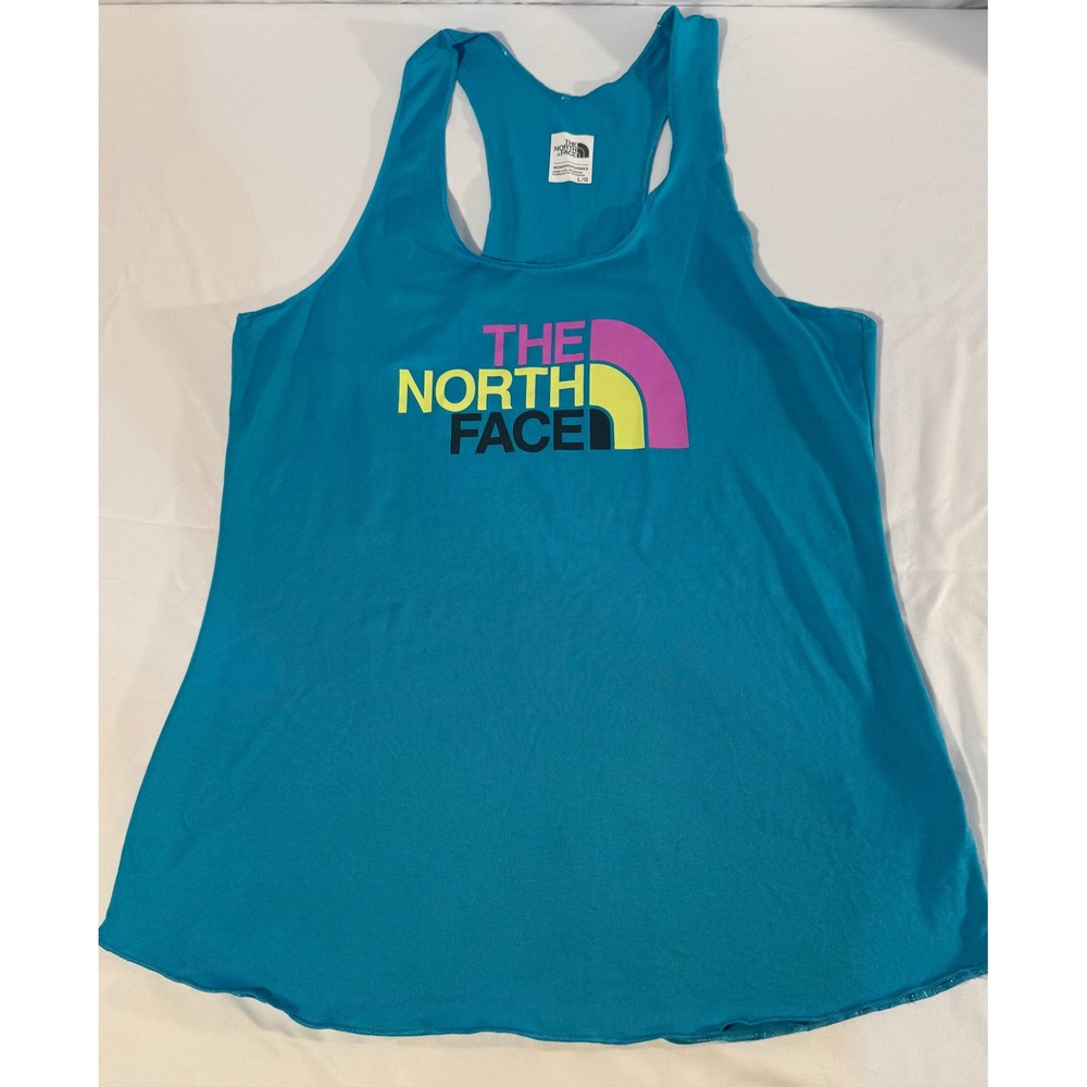 The North Face Womens Teal Blue Multicolor Graphic Logo Racerback Tank Top L
